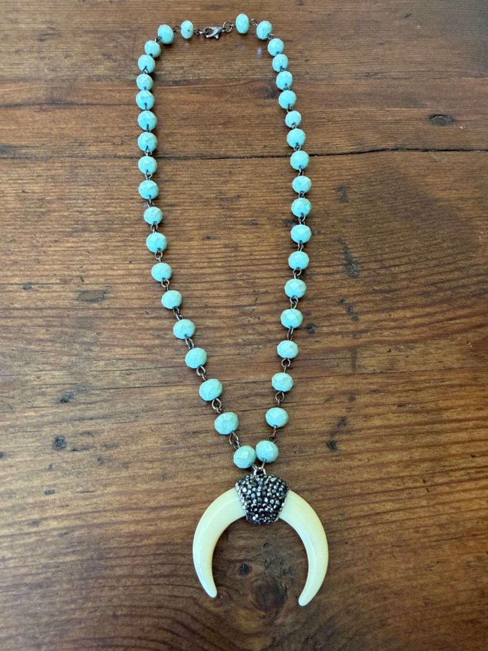 New Handmade Light Turquoise Beaded Necklace with Cream Crescent Pendant